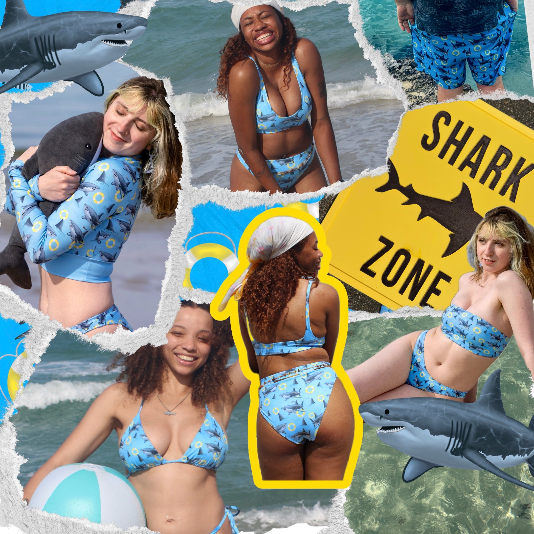 Collage of women in blue swimsuits with sharks on them, beachy themed 