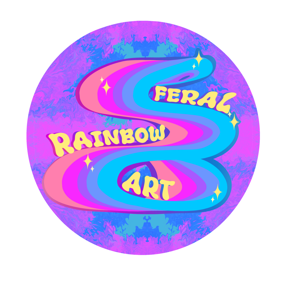 A circular graphic with the words 'Feral Rainbow Art' in yellow outlined lettering over a swirling neon pink, purple, and blue abstract design on a white background.