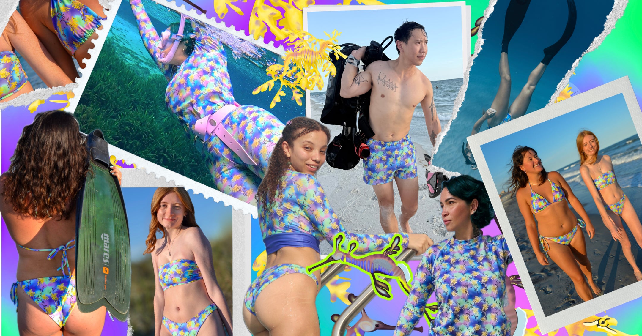 Collage of people wearing colorful swimwear in various settings with sea dragon graphics