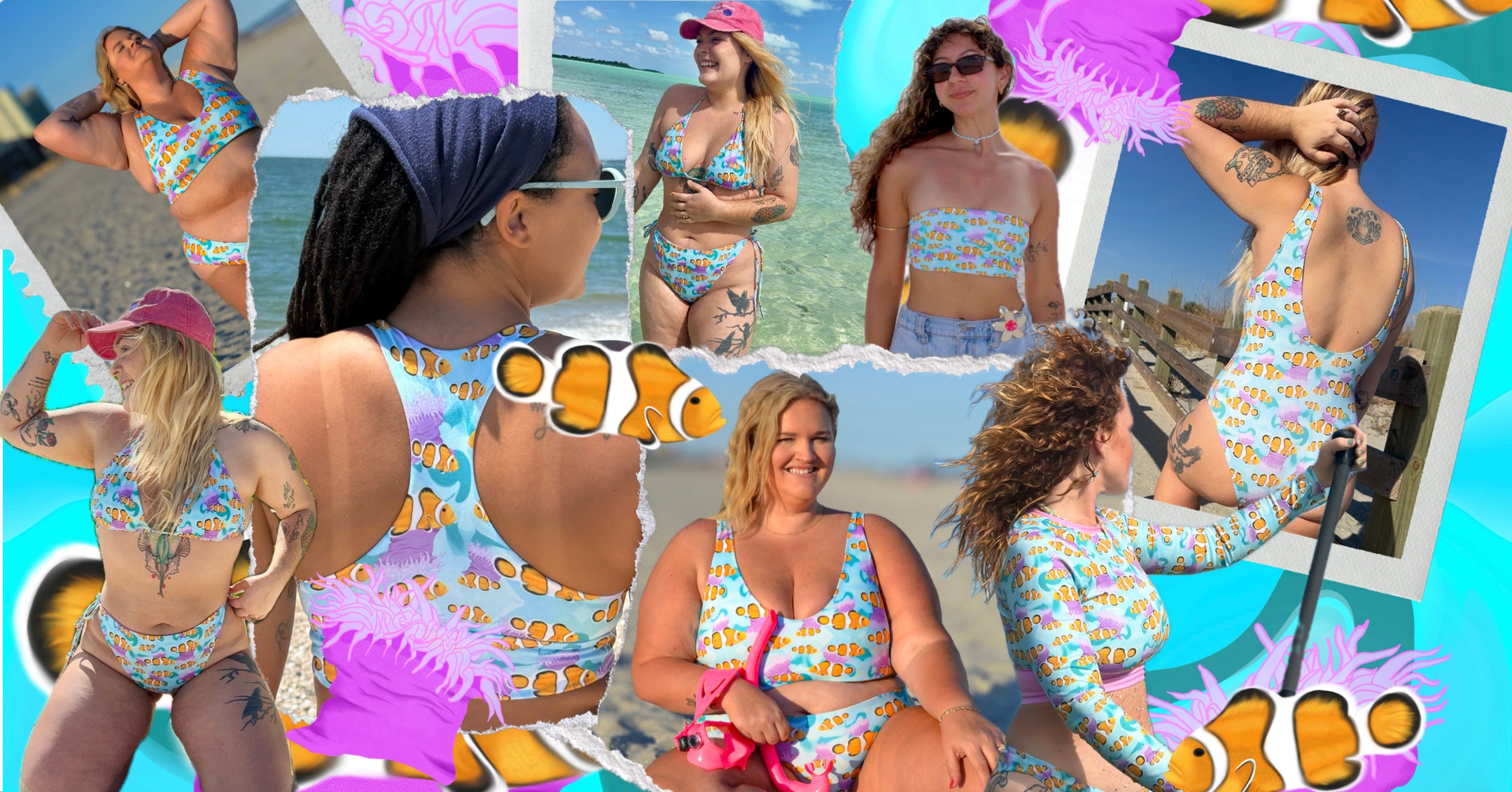 Collage of women wearing a colorful clownfish swimsuit near water and various beach settings