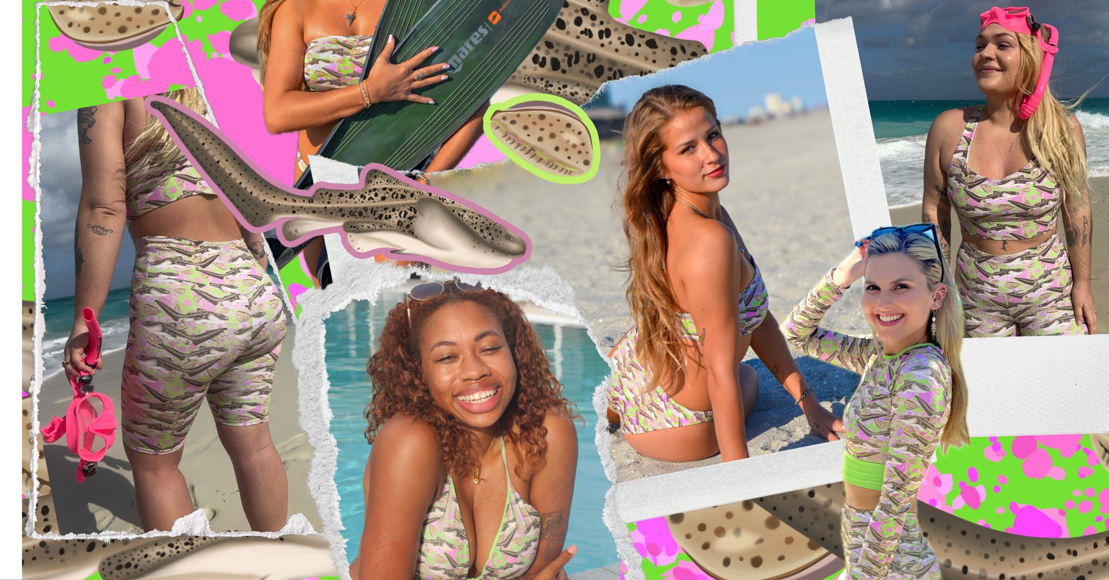 Collage of people in swimsuits and beach accessories with a tropical theme and zebra sharks