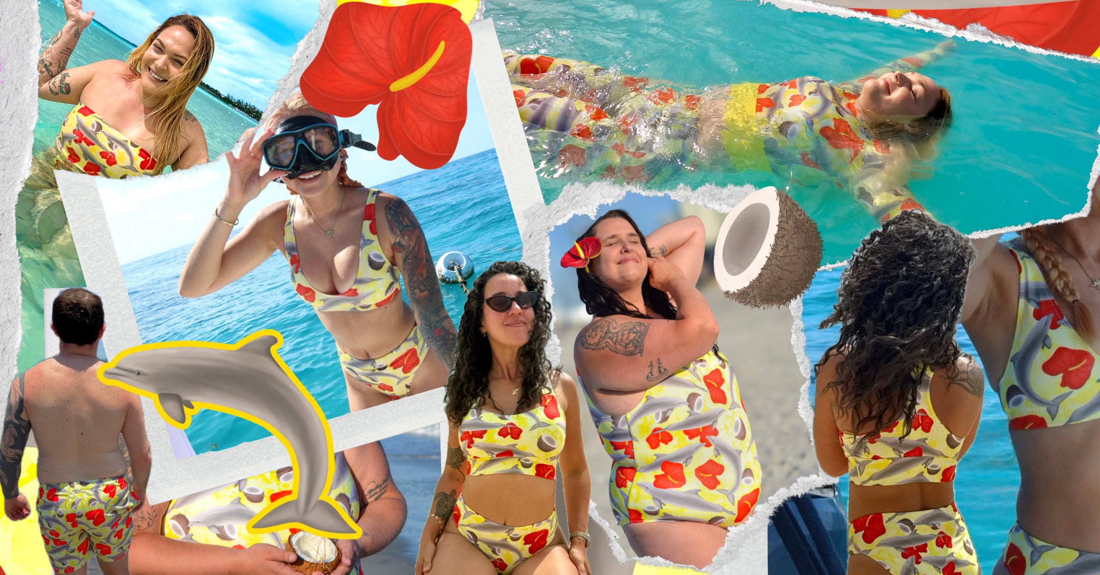 Collage of people wearing yellow dolphin swimwear 