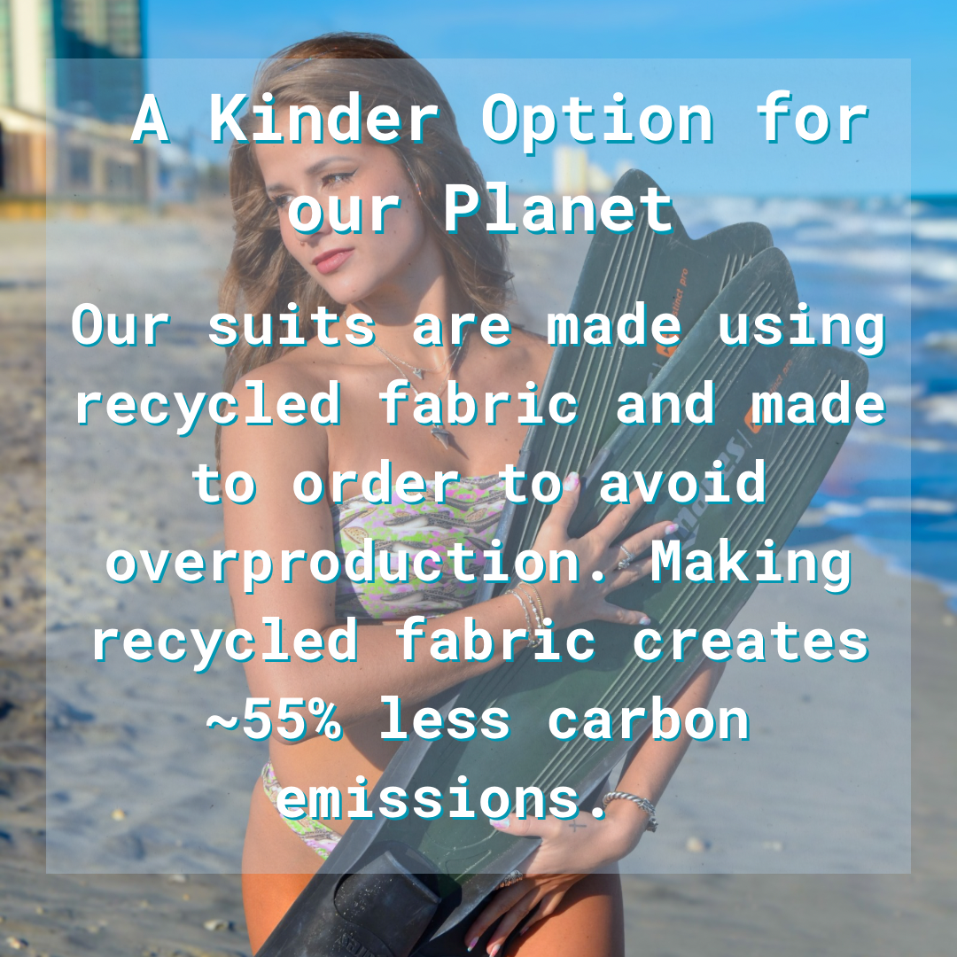 Text graphic of a woman on the beach holding freediving fins in a bikini 
