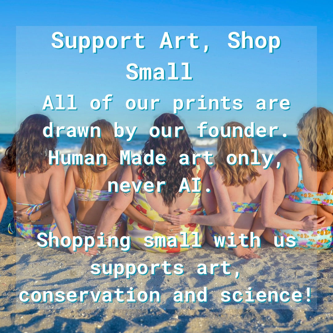 Text overlay of a photo of women sitting on a beach with their backs to the camera is colorful swimsuits. Text is about shopping small and supporting art made by people, not AI. Supporting conservation and science with art 