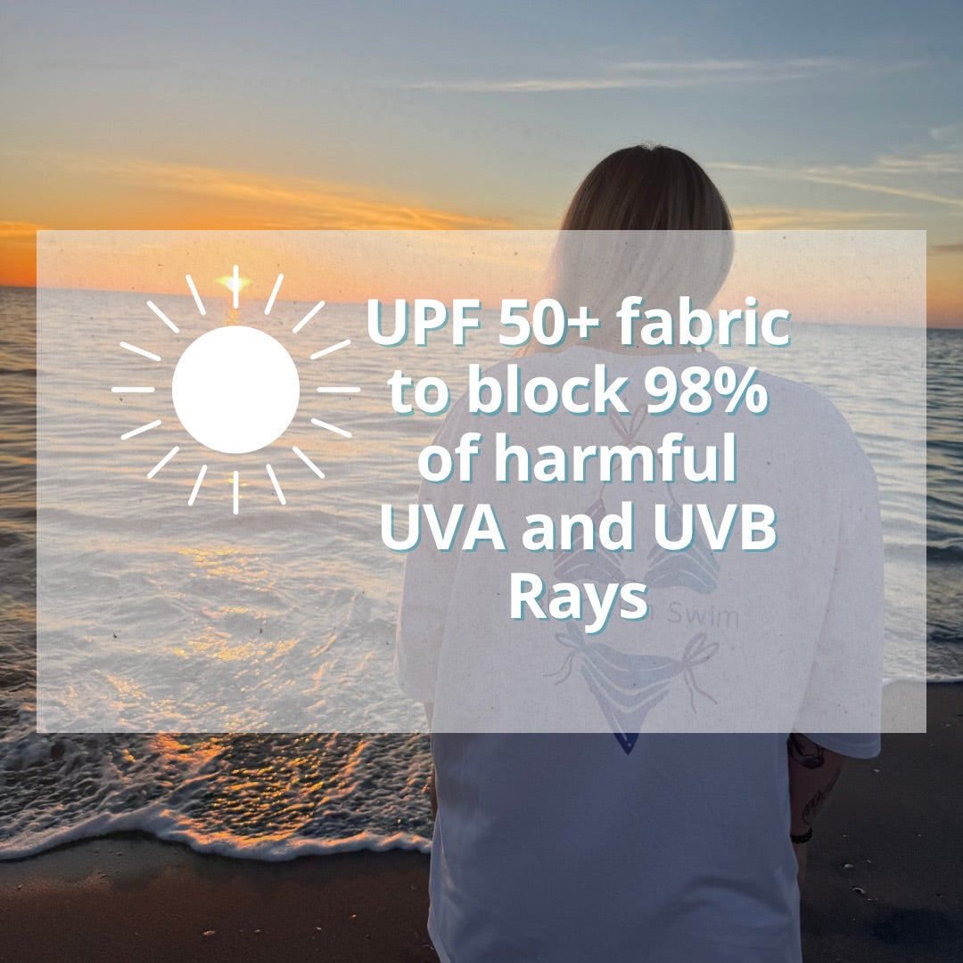 Person on the beach, text on image about UPF 50+ fabric for sun protection 