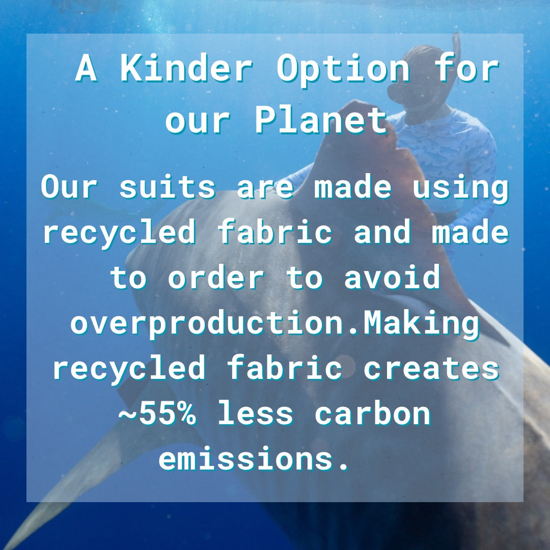 Person in a shark rashguard underwater with a tiger shark with text about recycled fabric suits and carbon emissions.