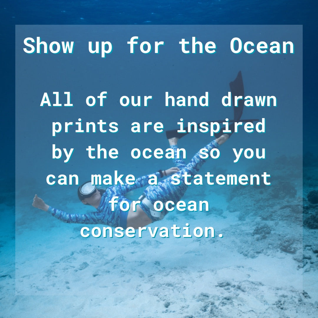 Person underwater with text about ocean conservation and hand-drawn prints inspired by the ocean.