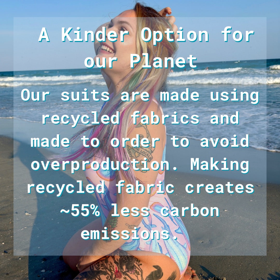 Text overlay of a woman kneeling on a beach wearing a colorful swimsuit. Text is about recycled swimwear fabric and reduced carbon emissions 