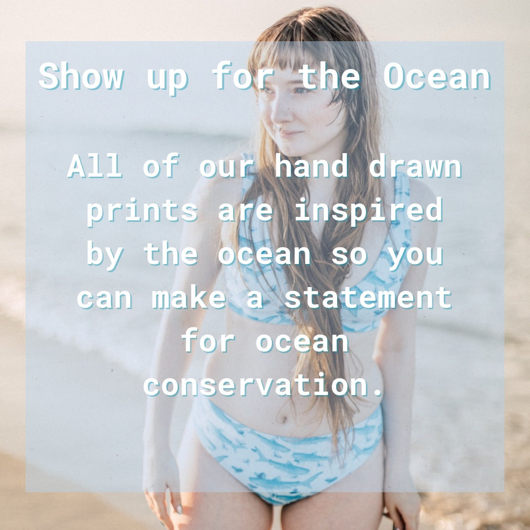Graphic explaining that all prints are hand drawn and inspired by the ocean to raise awareness for conservation 
