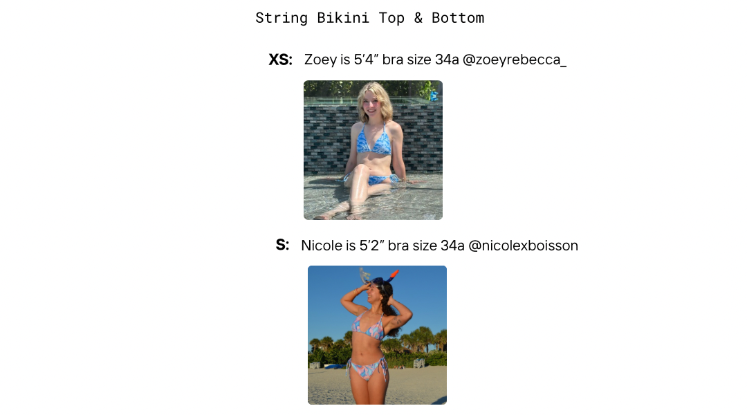 Visual size guides with women modeling the string bikini top and bottoms sizes xs and s