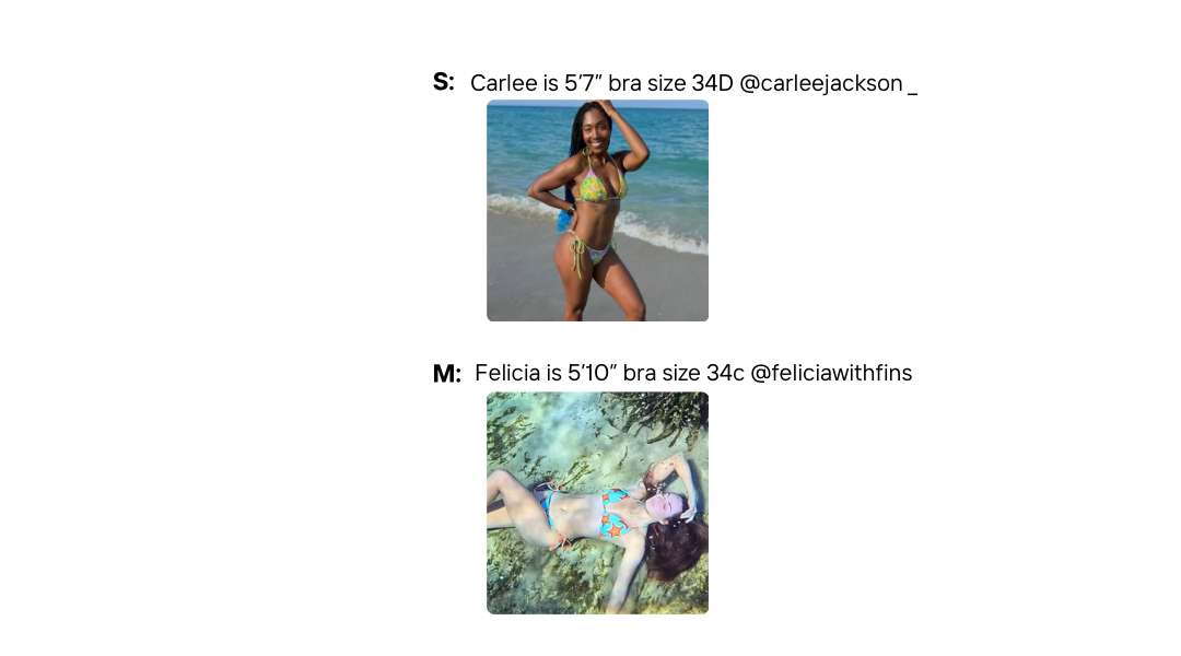 Visual size guides with women modeling the string bikini top and bottoms sizes s and m