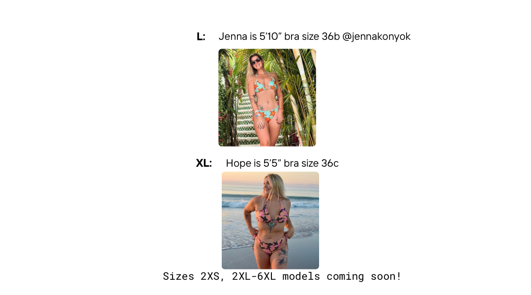 Visual size guides with women modeling the string bikini top and bottoms sizes l and xl