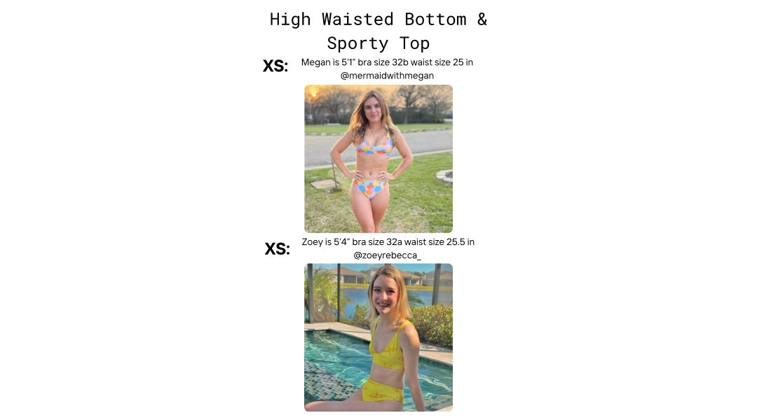 Visual size guide modeling the sporty bikini top and high waisted bottoms size xs