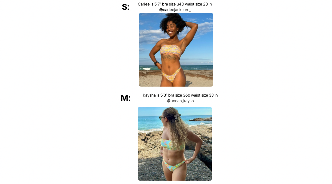 Bandeau and high cut bikini bottoms modeled sizes s and m on two different models