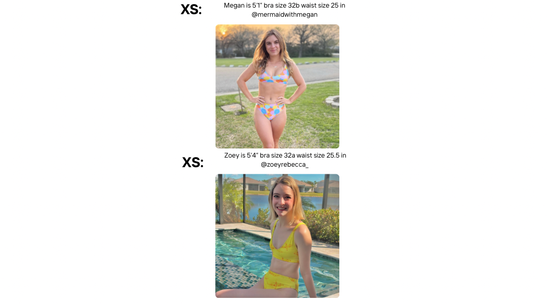 Visual size guide modeling the sporty bikini top and high waisted bottoms size xs On two different models 