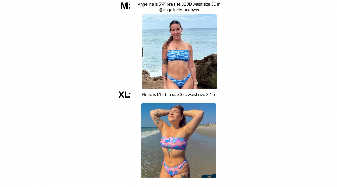 Bandeau and high cut bikini bottoms modeled sizes m and xl on two different models