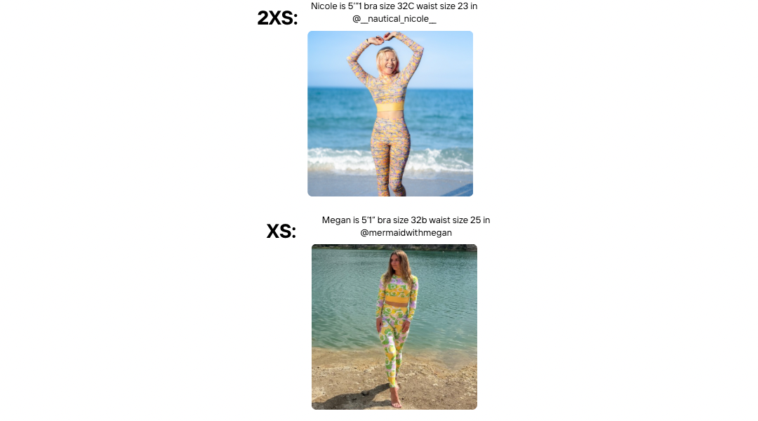 Models wearing sizes 2xs and xs rashguards and dive leggings 