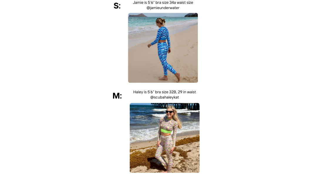 Models wearing size s and m rashguards and dive leggings 