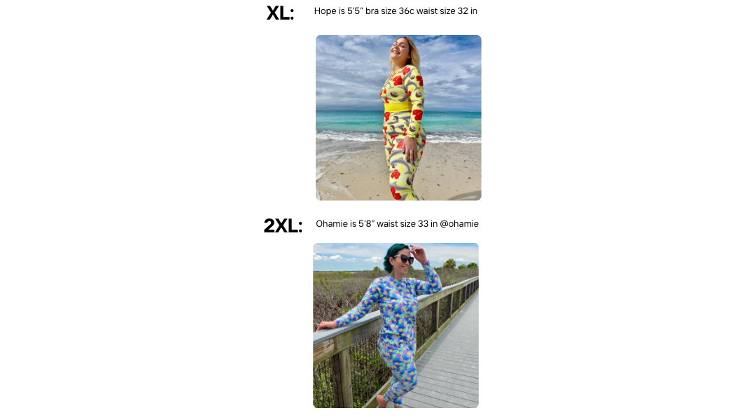 Models wearing sizes xl and 2xl rashguards and dive leggings 