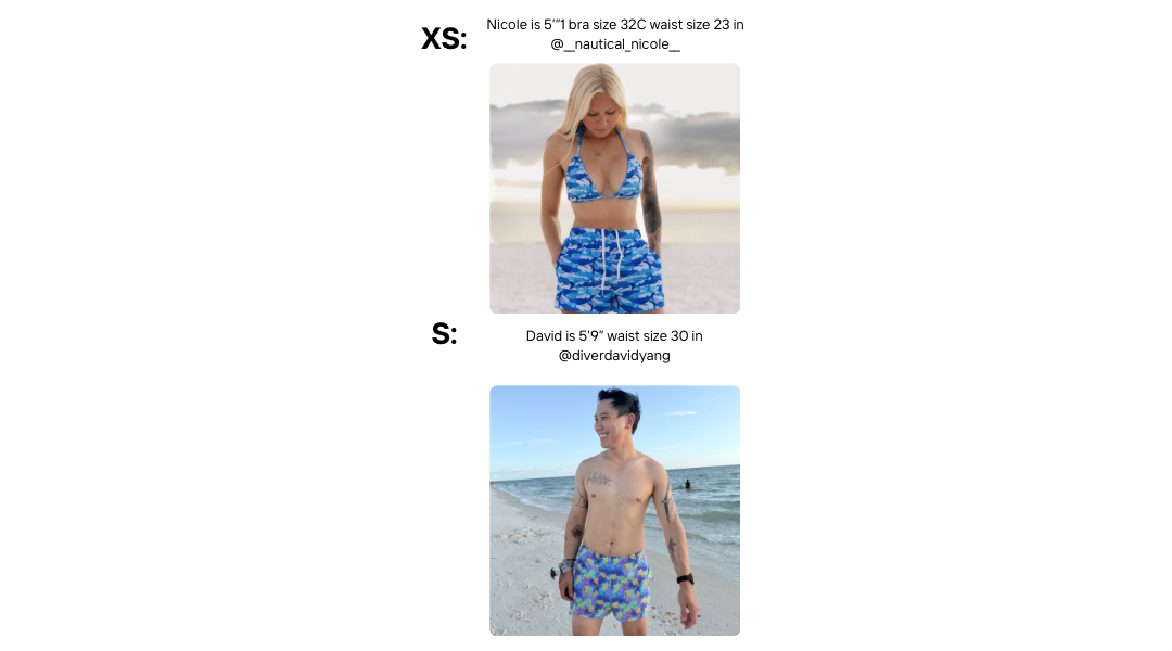 Models wearing sizes xs and s unisex swim shorts 