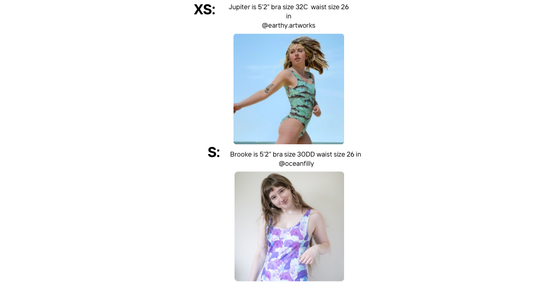 Size xs and s models wearing a one piece swimsuit 
