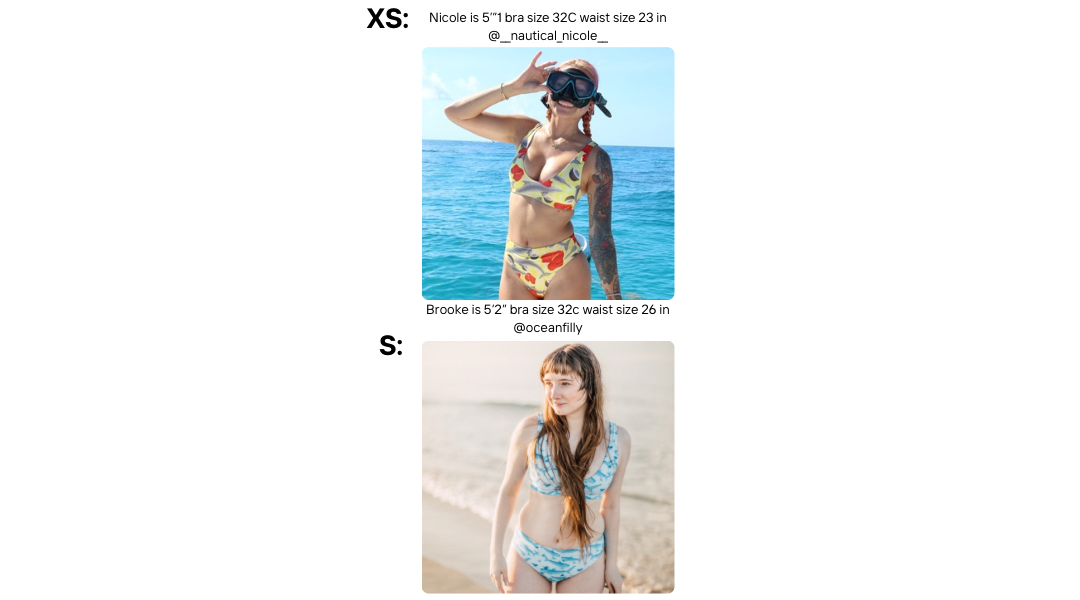 Visual size guide modeling the sporty bikini top and high waisted bottoms size xs and small On two different models 