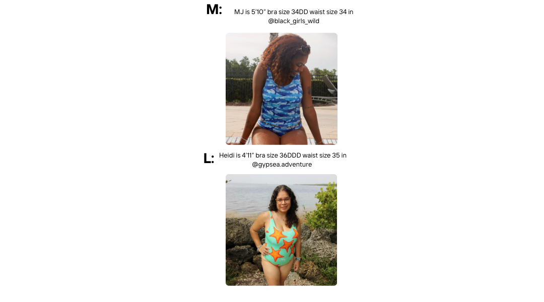 Size m and l models wearing a one piece swimsuit 