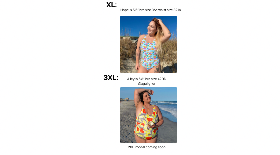 Size xl and 3xl models wearing a one piece swimsuit 