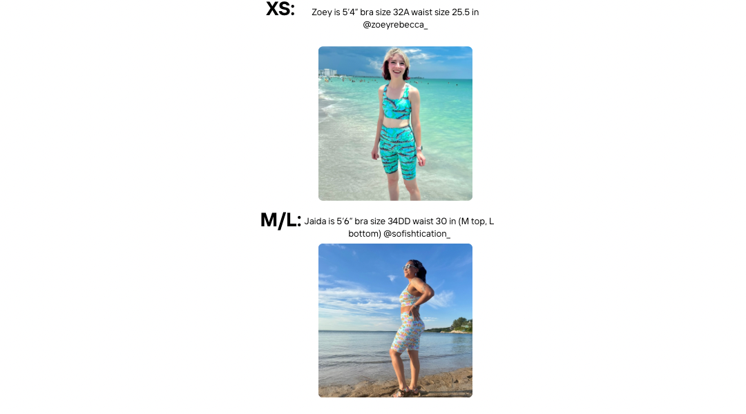 Models wearing sizes xs and m/l longline dive top and dive shorts 