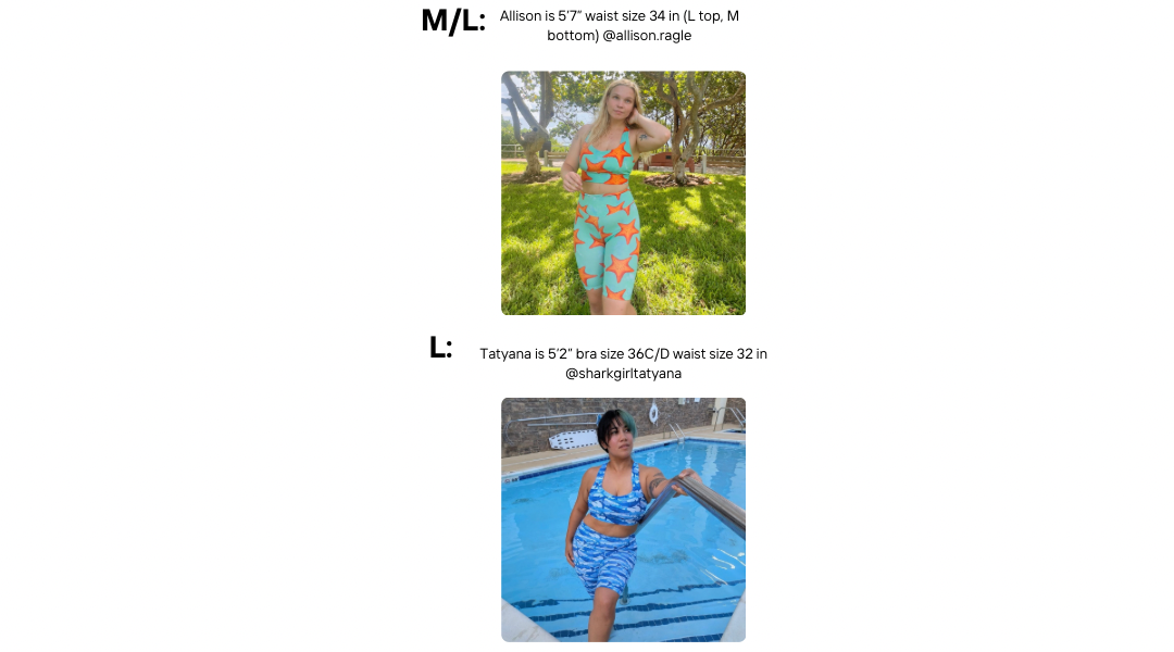 Models wearing sizes  m/l and l longline dive top and dive shorts 