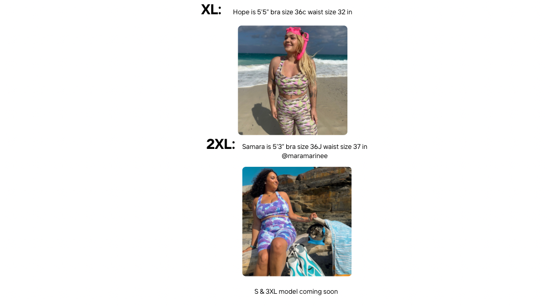Models wearing sizes xl and 2xl longline dive top and dive shorts 