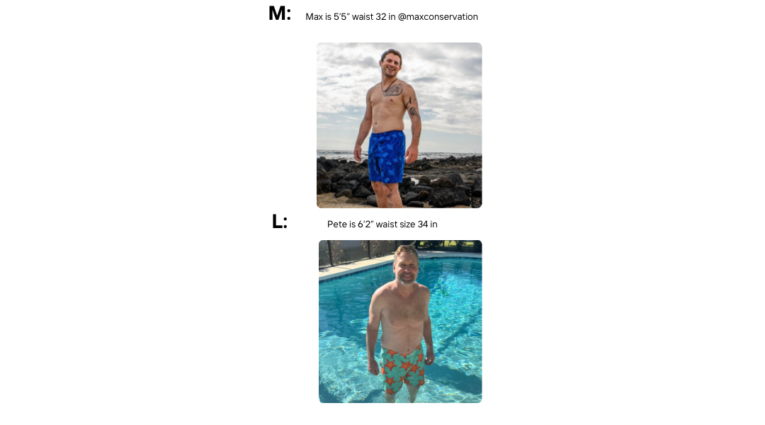 Size m and l models wearing swim trunks