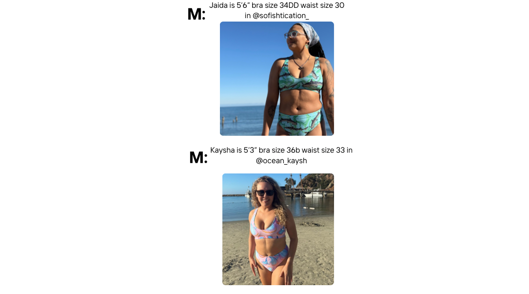Visual size guide modeling the sporty bikini top and high waisted bottoms size medium On two different models 