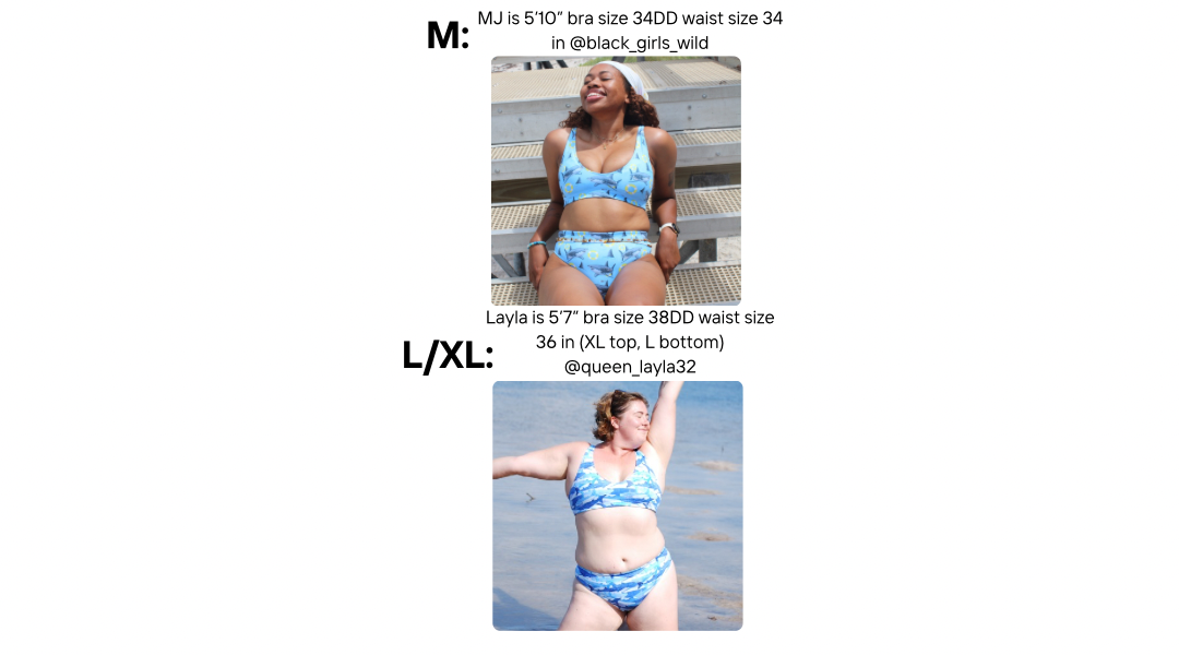 Visual size guide modeling the sporty bikini top and high waisted bottoms size m and l/xl On two different models 