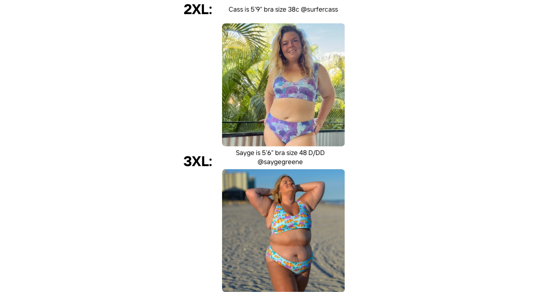 Visual size guide modeling the sporty bikini top and high waisted bottoms sizes 2xl and 3xl On two different models 