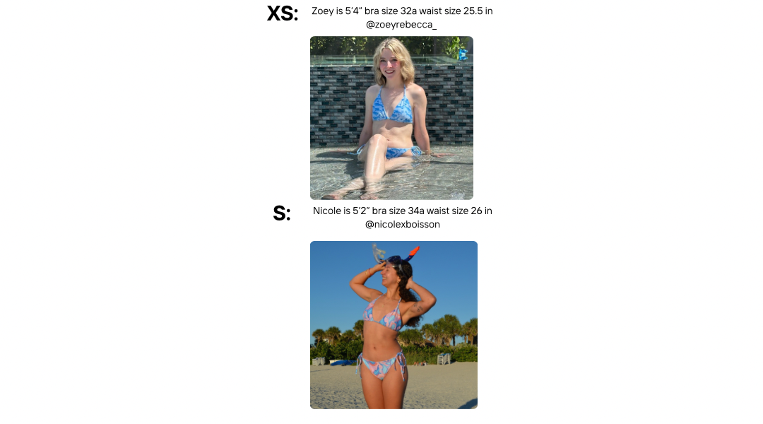 Visual size guides with women modeling the string bikini top and bottoms sizes xs and s On two different models