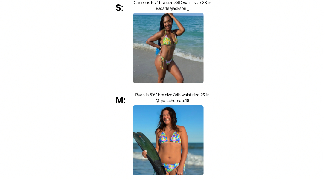 Visual size guides with women modeling the string bikini top and bottoms sizes s and m on two different models