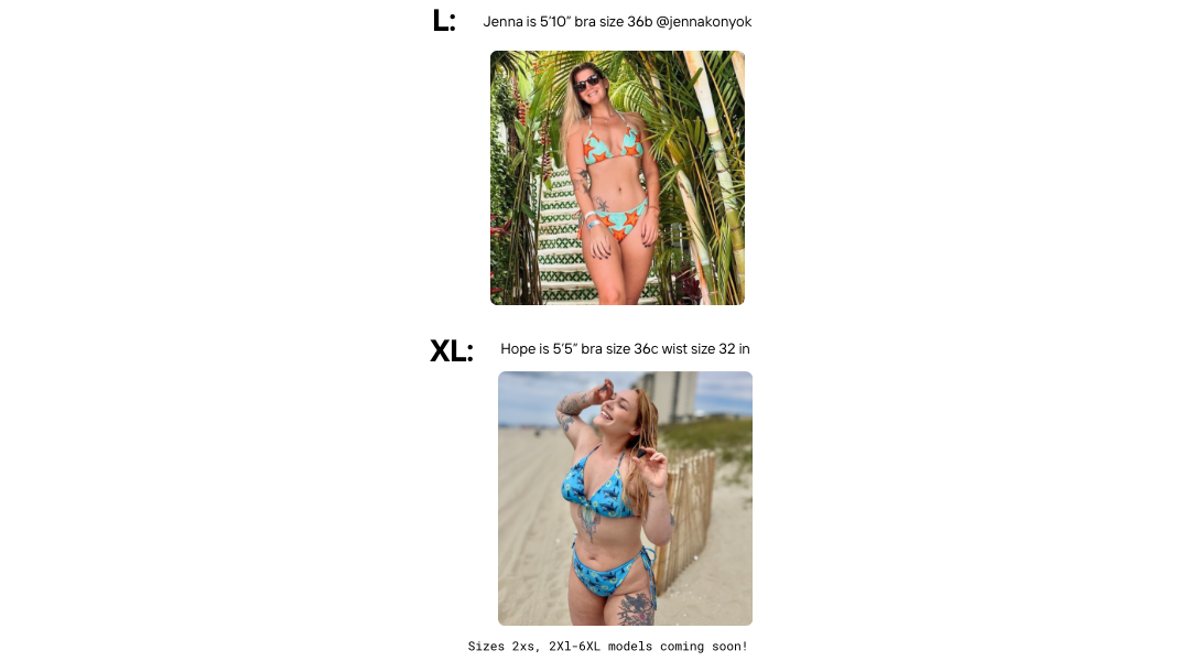 Visual size guides with women modeling the string bikini top and bottoms sizes l and xl on two different models