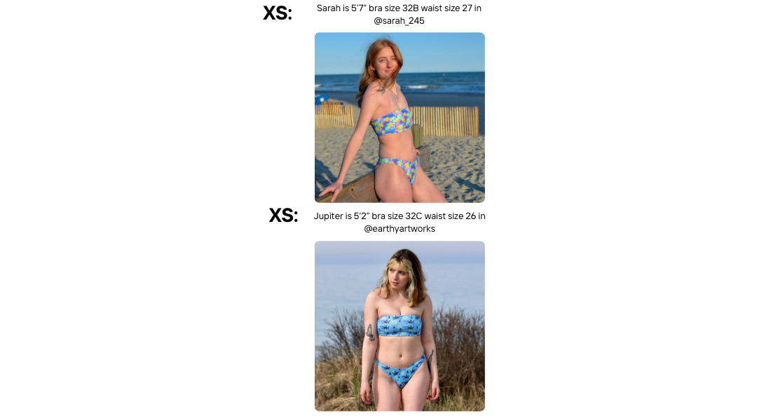 Bandeau and high cut bikini bottoms modeled size xs on two different models