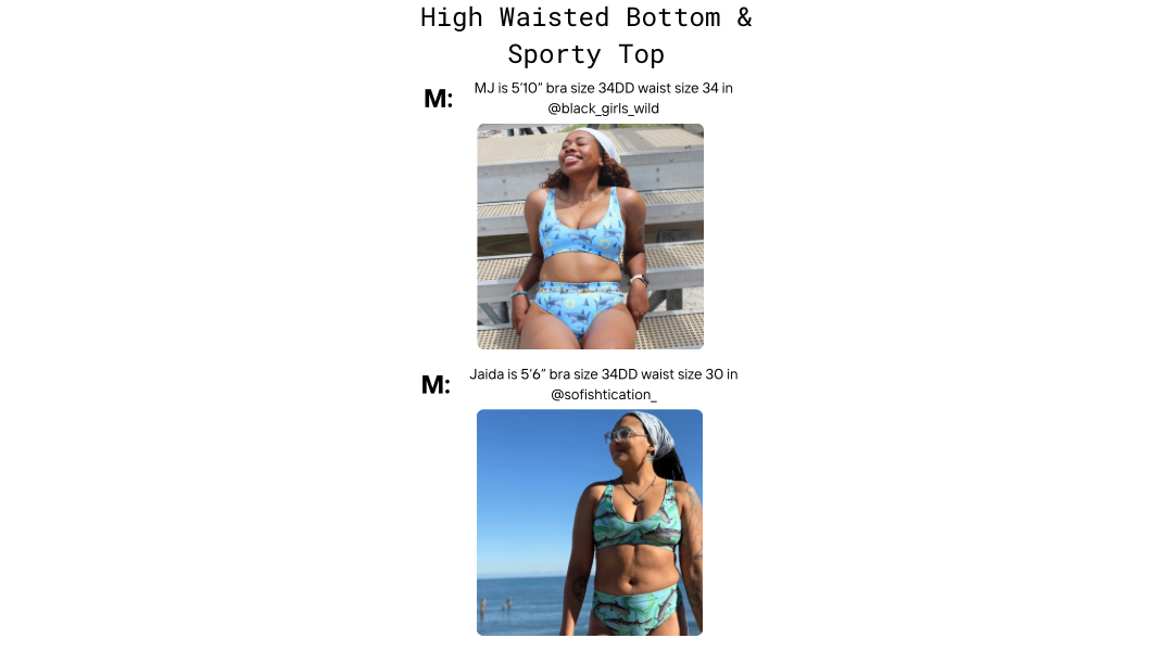 Visual size guide modeling the sporty bikini top and high waisted bottoms size m 