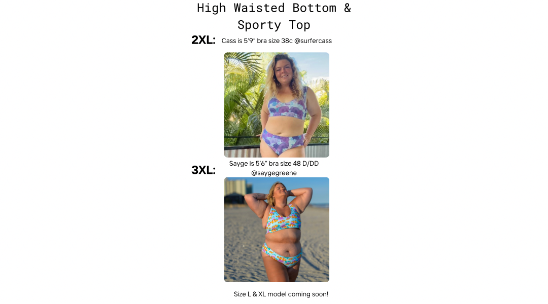 Visual size guide modeling the sporty bikini top and high waisted bottoms size 2xl and 3XL 