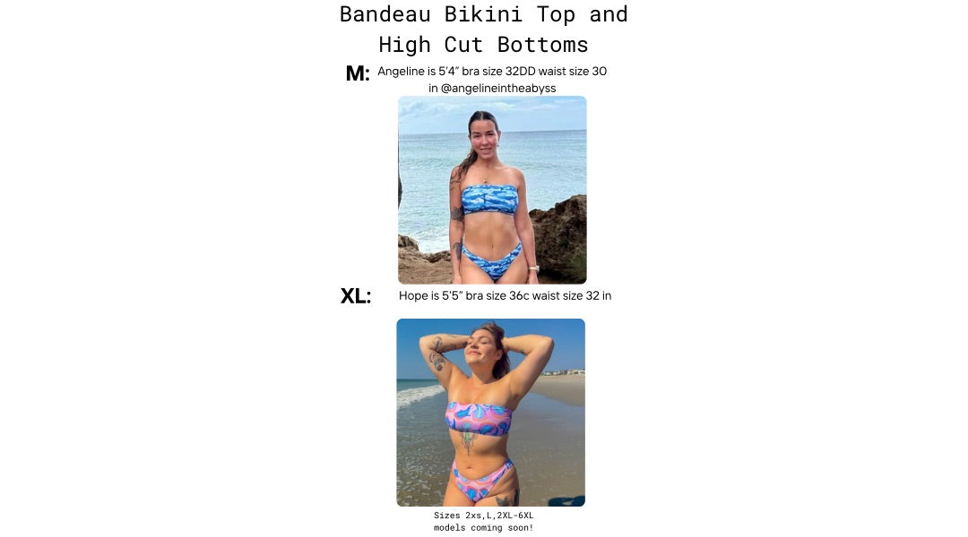 Bandeau and high cut bikini bottoms modeled on various people with body measurements and various sizes 