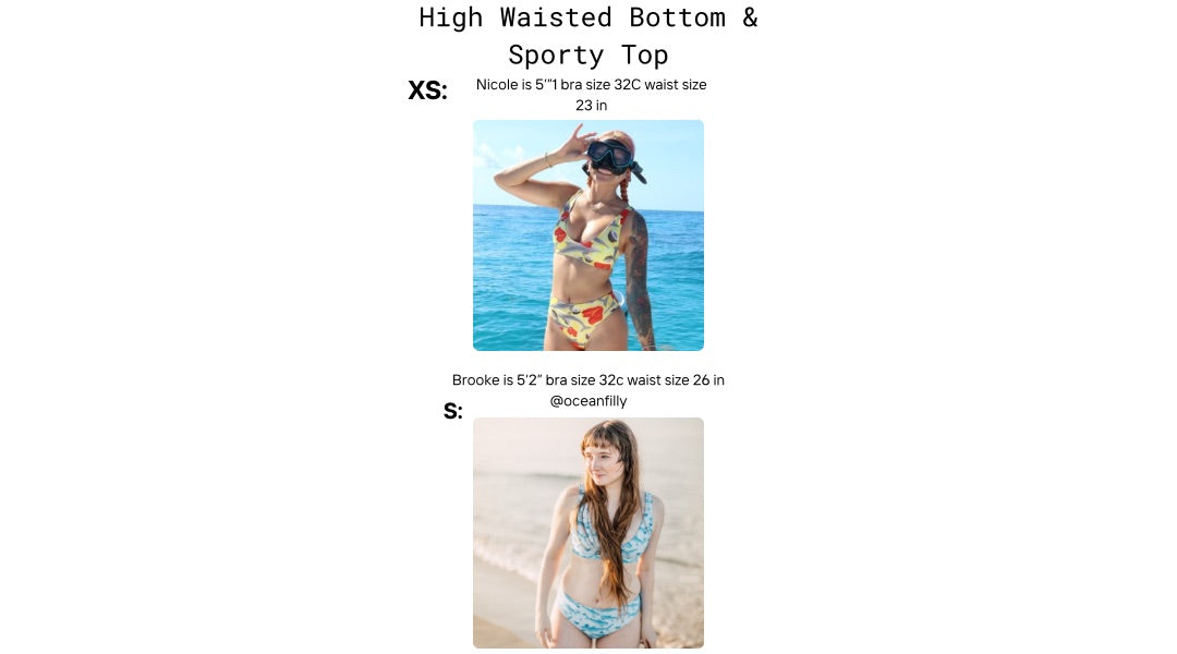 Visual size guide modeling the sporty bikini top and high waisted bottoms size xs and s