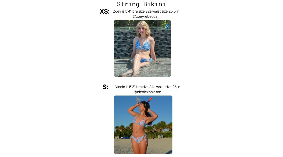 Visual size guides with women modeling the string bikini top and bottoms sizes xs and s