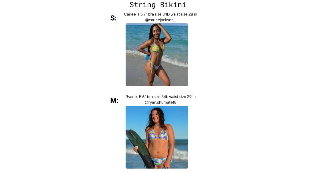 Visual size guides with women modeling the string bikini top and bottoms sizes xs and s