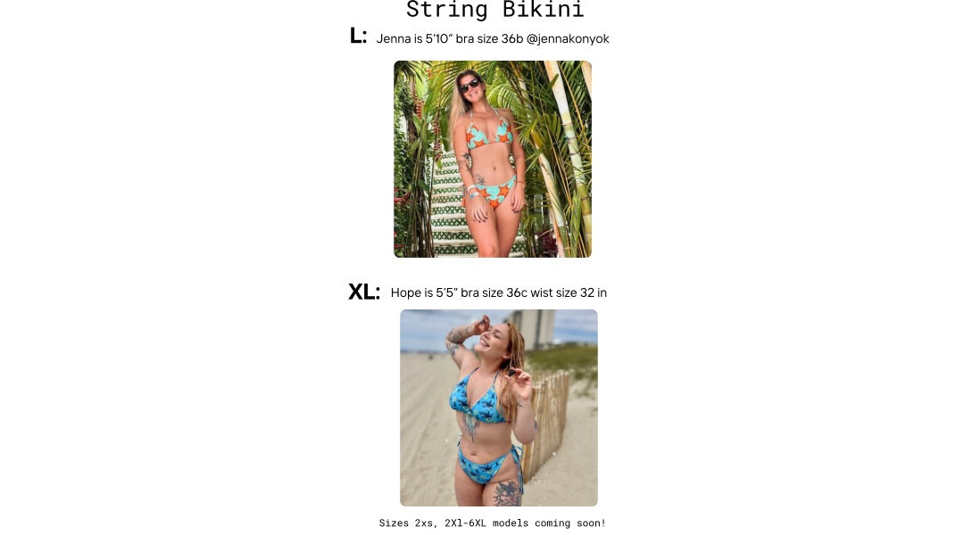 Visual size guides with women modeling the string bikini top and bottoms sizes xs and s