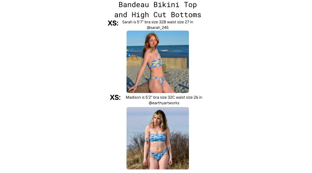 Bandeau and high cut bikini bottoms modeled on various people with body measurements and various sizes 