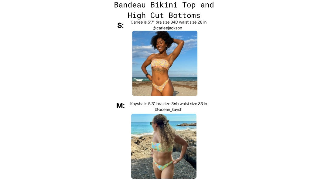 Bandeau and high cut bikini bottoms modeled on various people with body measurements and various sizes 